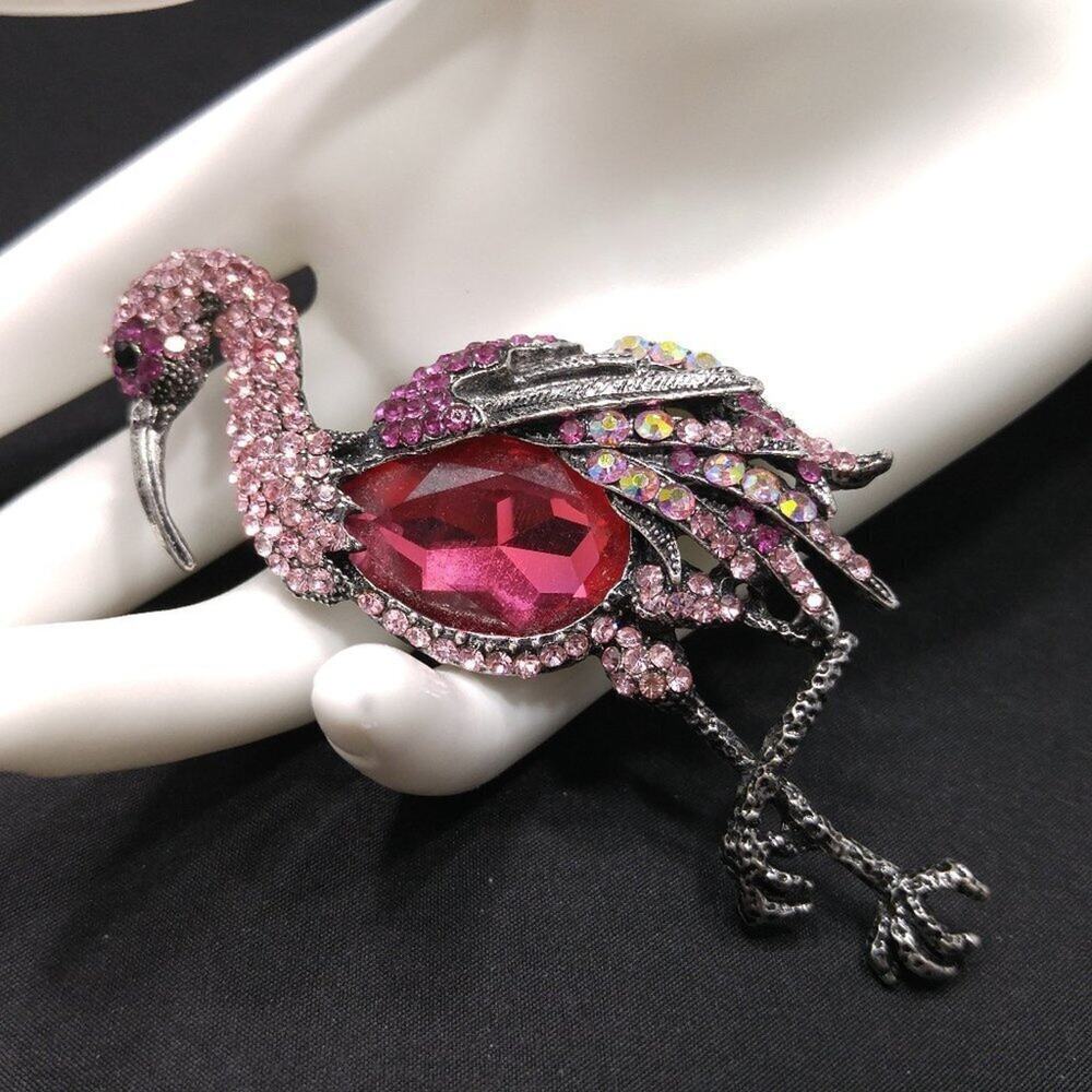 Large Rhinestone Pink & Red Heron Bird Brooch & Pendant, 3 3/4 Inches